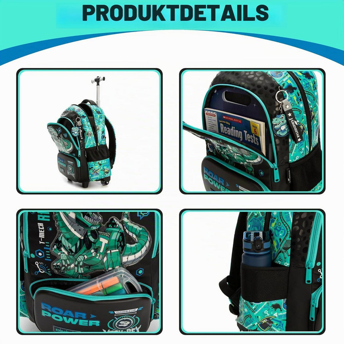 Schultrolley Rucksack Kinder Grün Dinosaurier mit Rollen