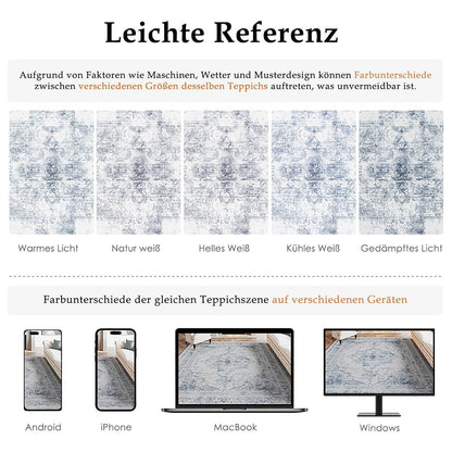 Vintage Teppich Blau 150x210cm Waschbar – Wohnzimmer Teppich