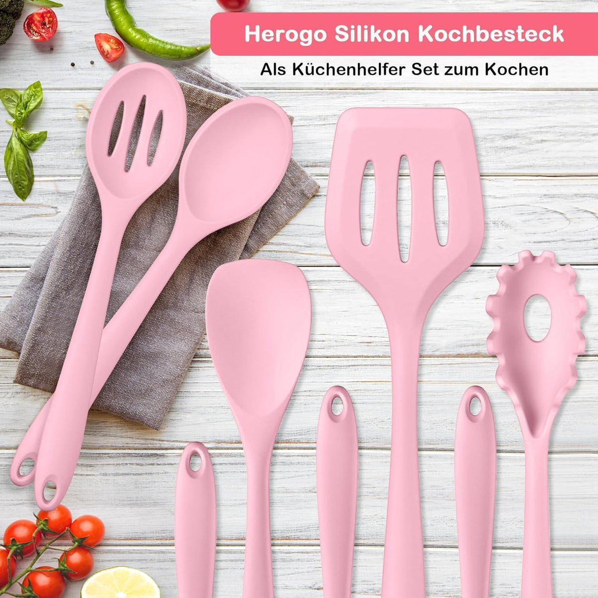 8-teiliges Silikon Küchenhelfer Set Rosa, Hitzebeständig & Spülmaschinenfest
