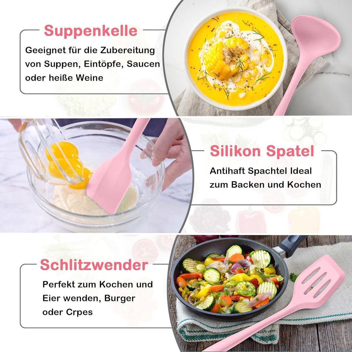 8-teiliges Silikon Küchenhelfer Set Rosa, Hitzebeständig & Spülmaschinenfest