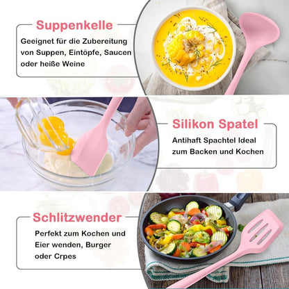 8-teiliges Silikon Küchenhelfer Set Rosa, Hitzebeständig & Spülmaschinenfest