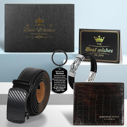 Geschenkset Herren: Gürtel, Brieftasche, Armband & Schlüsselanhänger