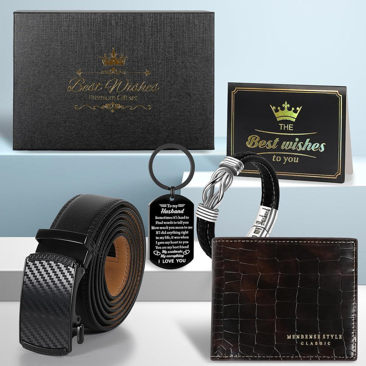 Geschenkset für Ihn: Gürtel, Brieftasche, Armband & Schlüsselanhänger