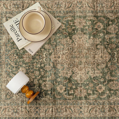 Vintage Teppich Grün 140x200cm Waschbar | Wohnzimmer Teppich