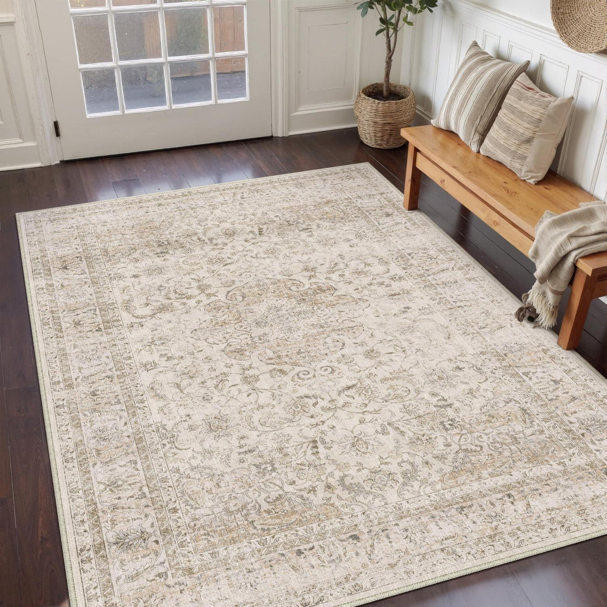 Vintage Teppich 140x200cm Beige – Waschbar & Rutschfest