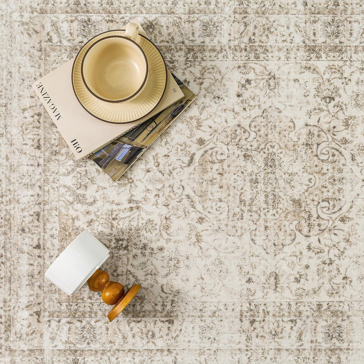 Vintage Teppich 140x200cm Beige – Waschbar & Rutschfest