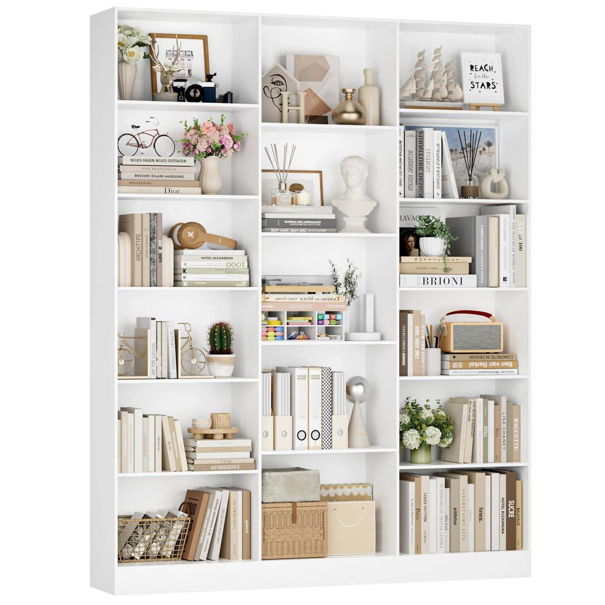 Bücherregal 188 cm mit 17 Fächern – Weißes Standregal für Wohnzimmer