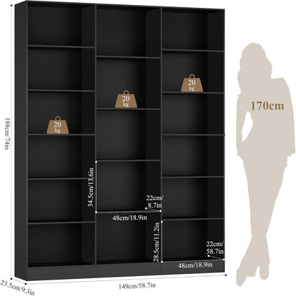 Bücherregal 188 cm mit 17 Fächern – Standregal für Wohnzimmer & Büro