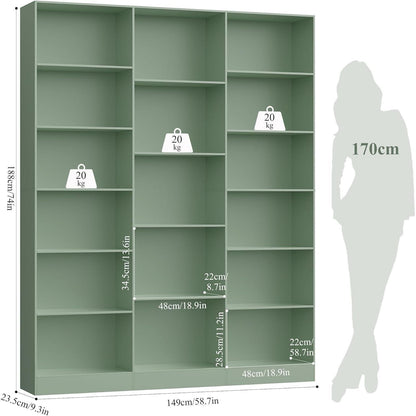 Bücherregal 188 cm mit 17 Fächern – Grün, Standregal für Wohnzimmer