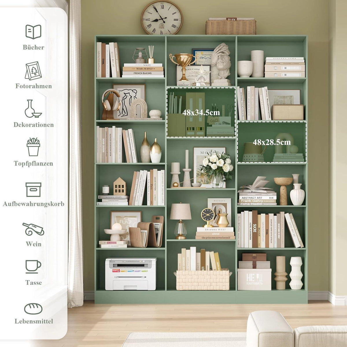 Bücherregal 188 cm mit 17 Fächern – Grün, Standregal für Wohnzimmer