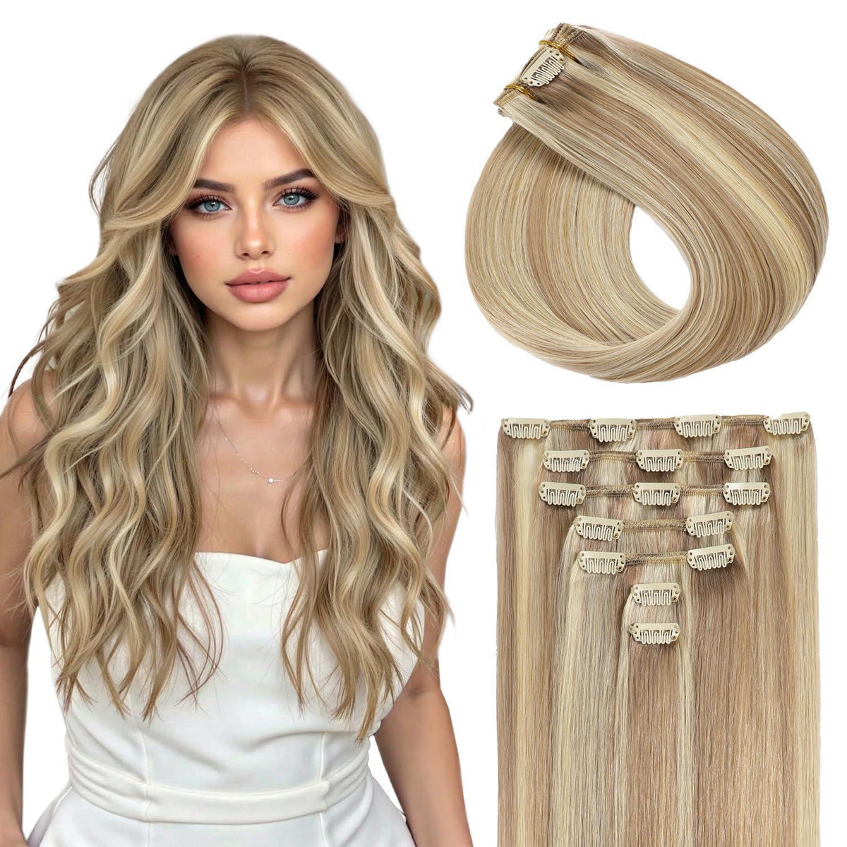 Echthaar Clip-Ins Aschblond mit Platinblond, 45cm