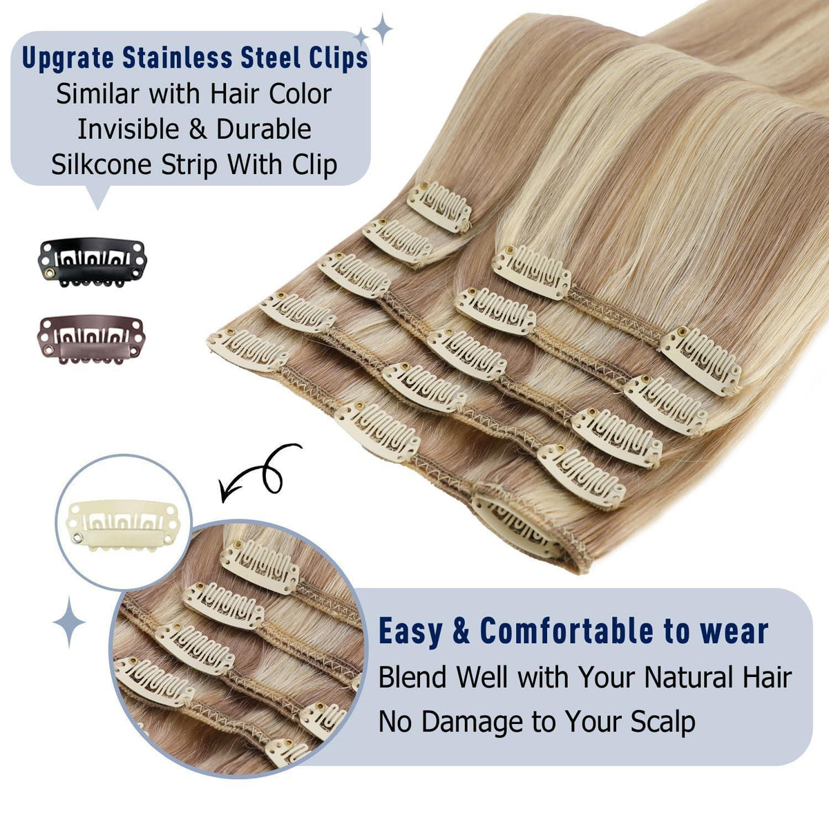 Echthaar Clip-Ins Aschblond mit Platinblond, 45cm