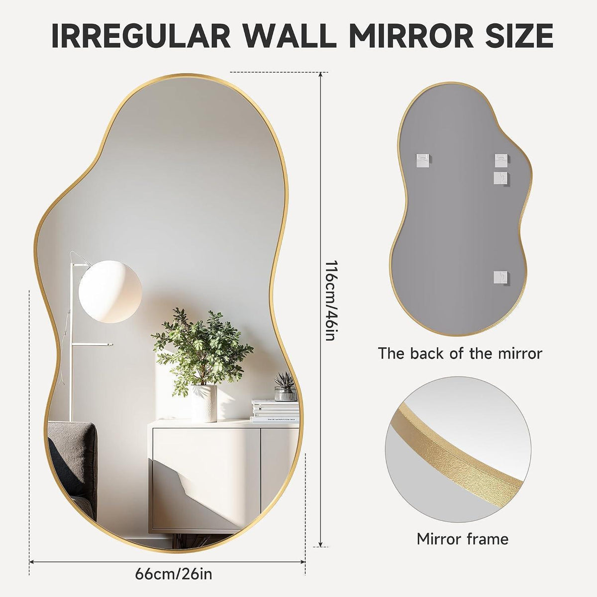 Asymmetrischer Wandspiegel Gold 66x116cm – Dekorativer Spiegel für Wohnzimmer