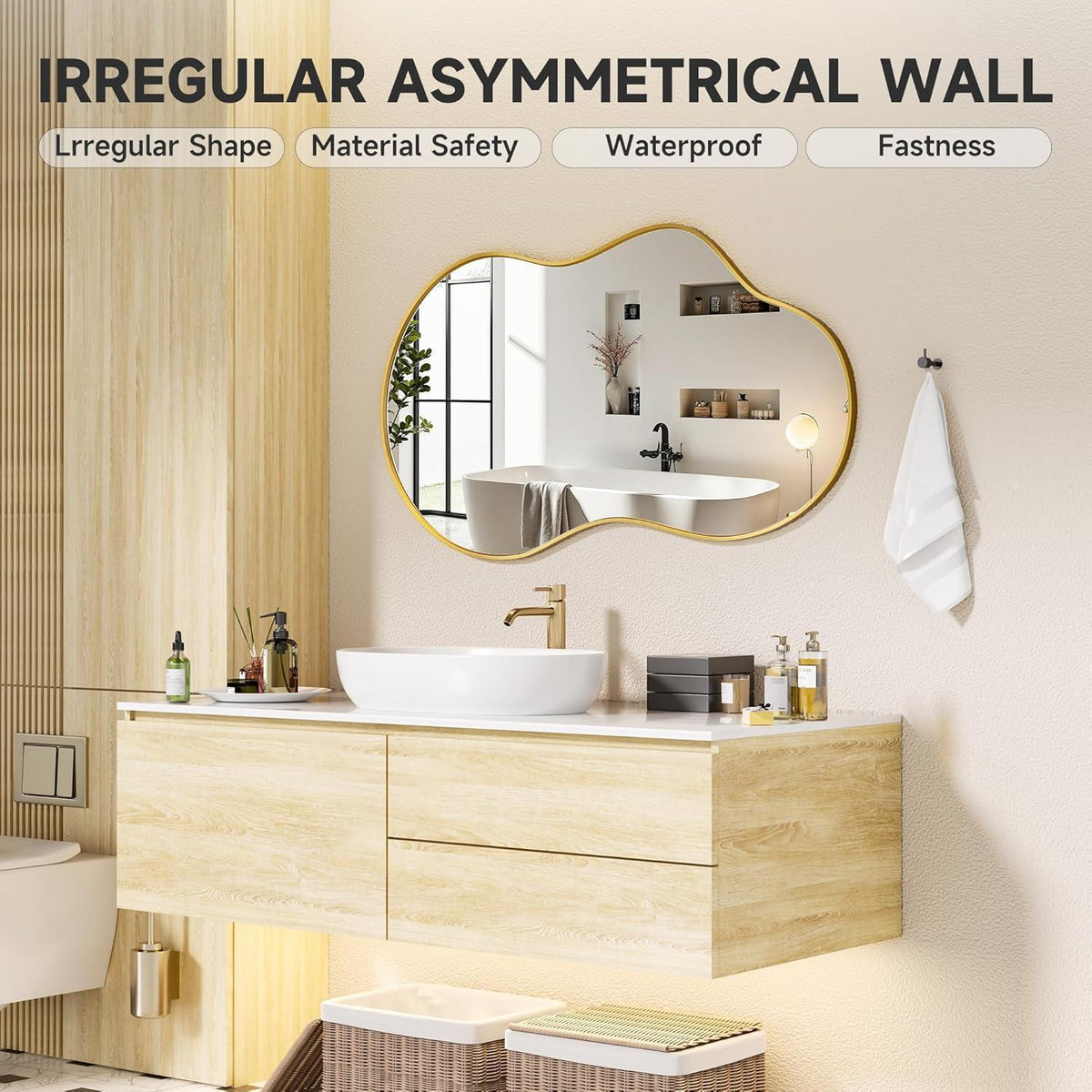 Asymmetrischer Wandspiegel Gold 66x116cm – Dekorativer Spiegel für Wohnzimmer