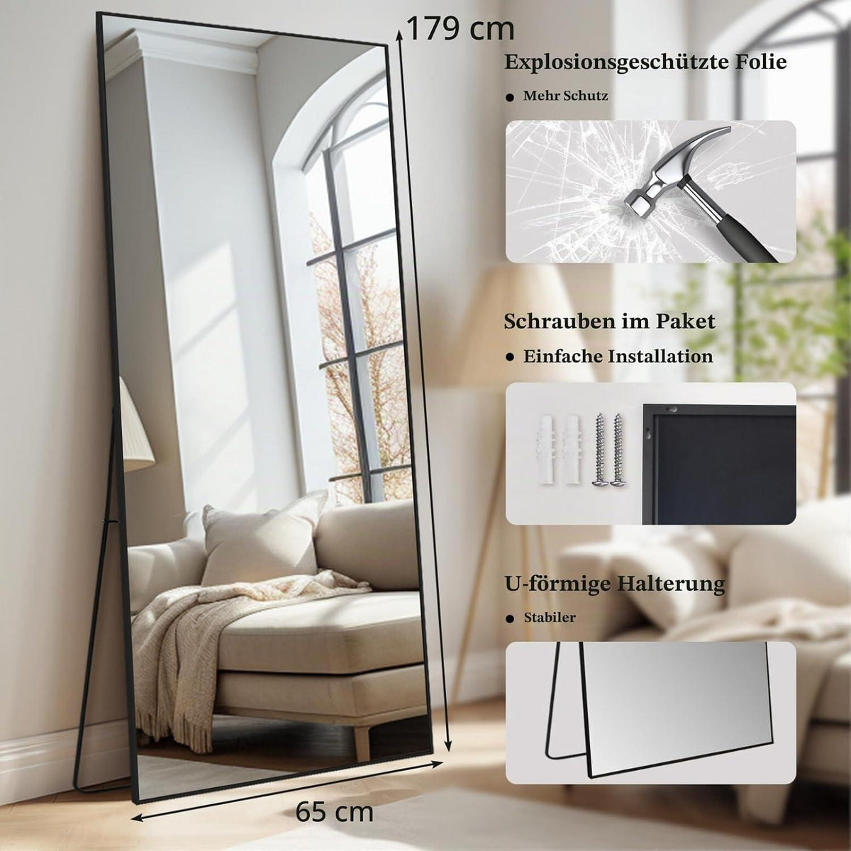 Ganzkörperspiegel 179x65cm – Stehspiegel Schwarz für Wohnzimmer