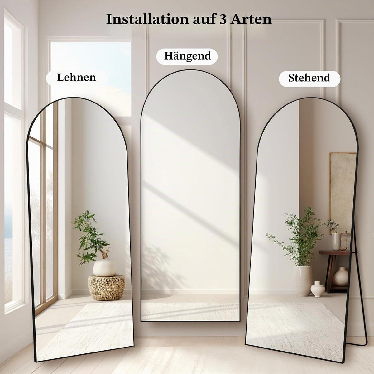 Gewölbter Ganzkörperspiegel 179x65cm – Stehspiegel Schwarz