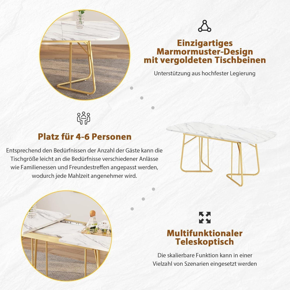 Weißer Esstisch mit Marmoroptik & Goldbeinen, 140/180cm