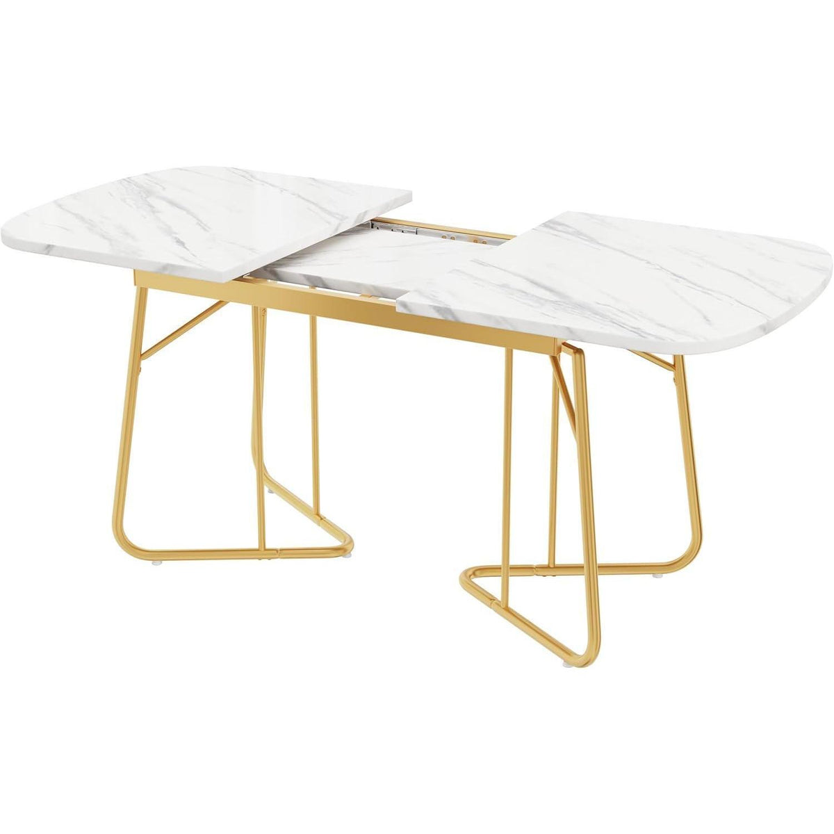 Weißer Esstisch mit Marmoroptik & Goldbeinen, 140/180cm