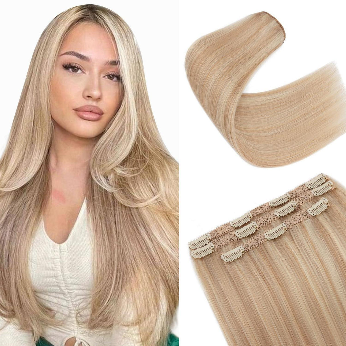 Echthaar Clip-in Extensions Aschblond & Gebleichtes Blond 55cm