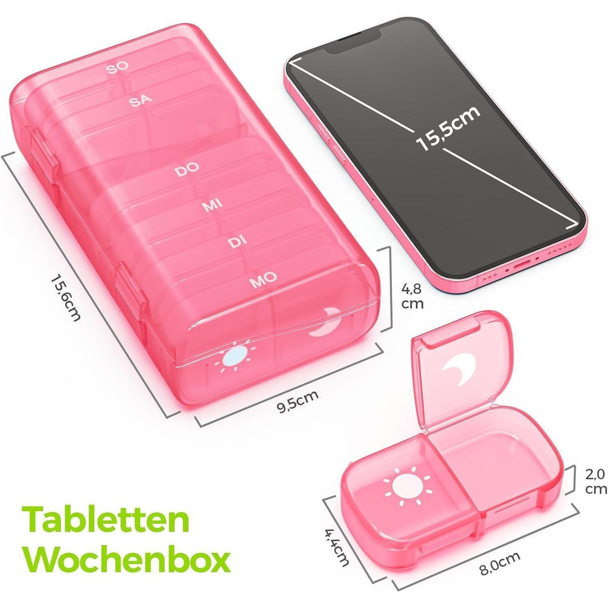 Tablettenbox 7 Tage Morgens Abends, feuchtigkeitsbeständig, Rosa