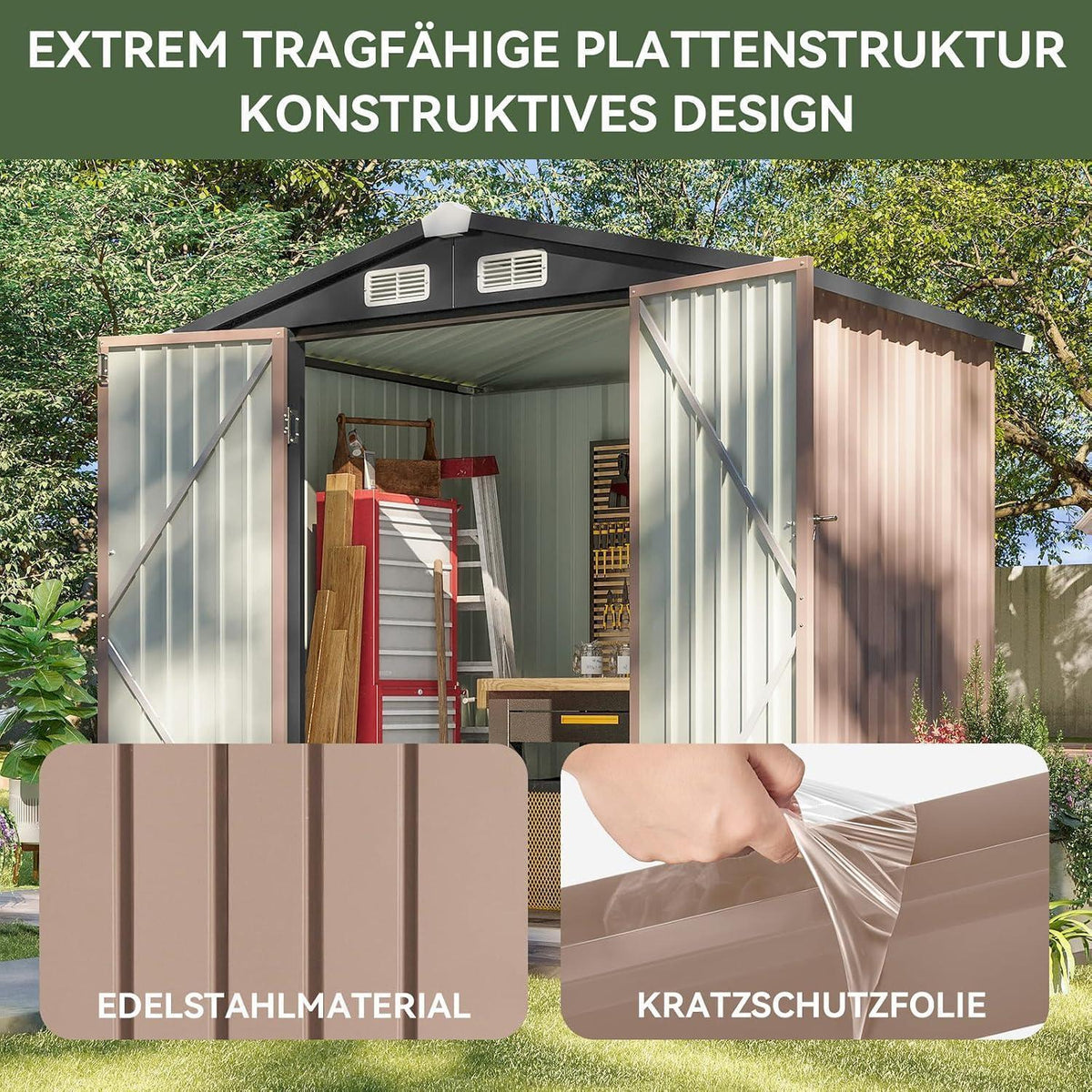 Gerätehaus Metall 200x188x123cm mit Fundamentrahmen Braun