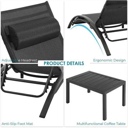 XXL Aluminium Sonnenliege 4er Set mit Beistelltisch & Kissen, stapelbar, wetterfest, verstellbar