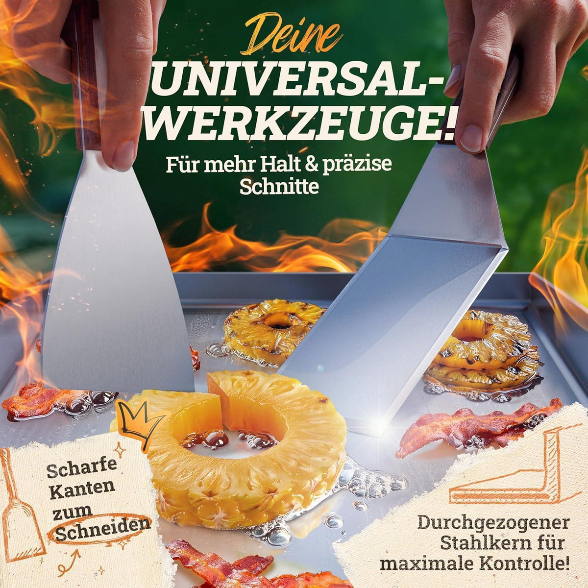 Edelstahl Plancha Grillplatte 40x40cm mit Burger Master Set
