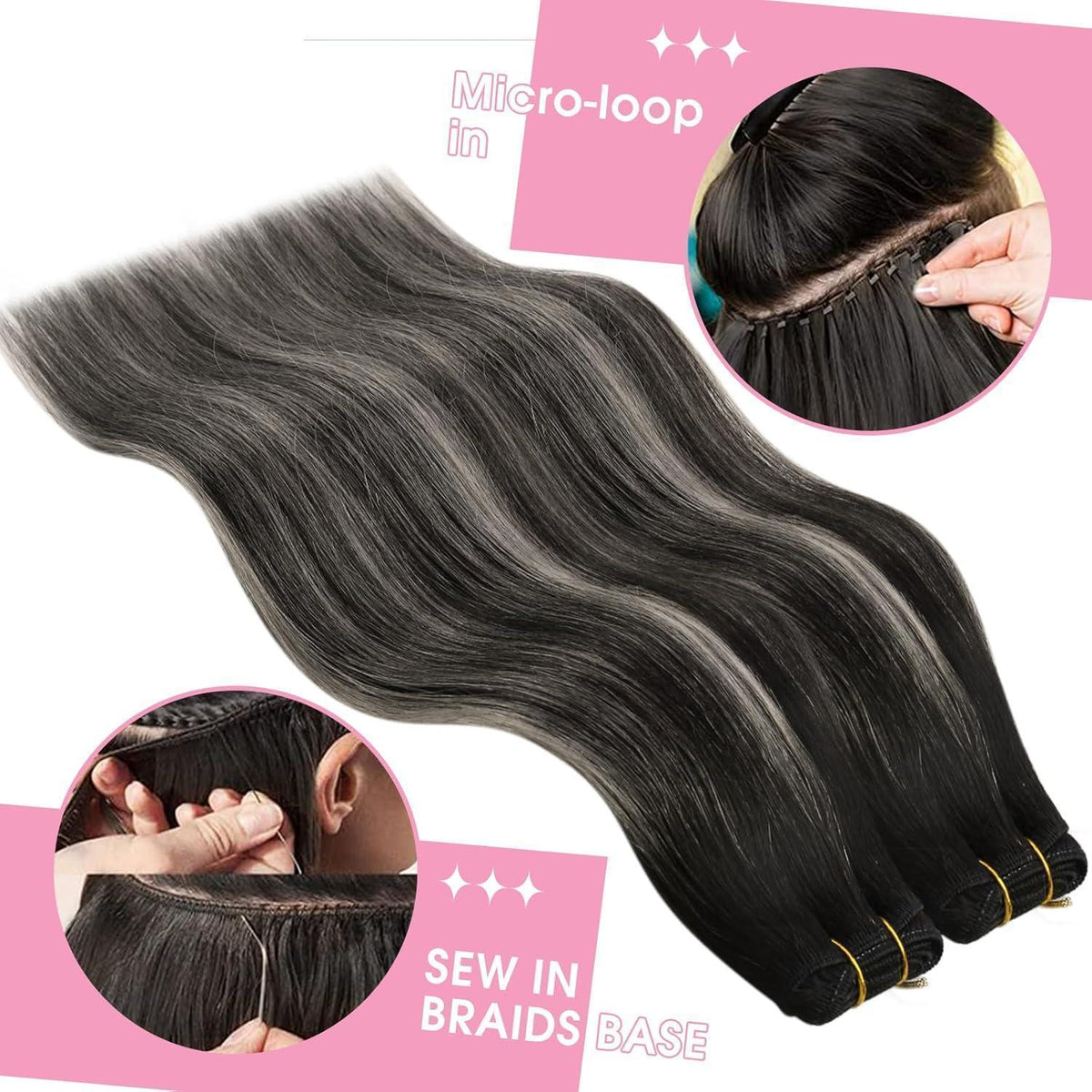 Echthaar Tressen Schwarz Ombre 50cm - 1B/S/1B, 100g