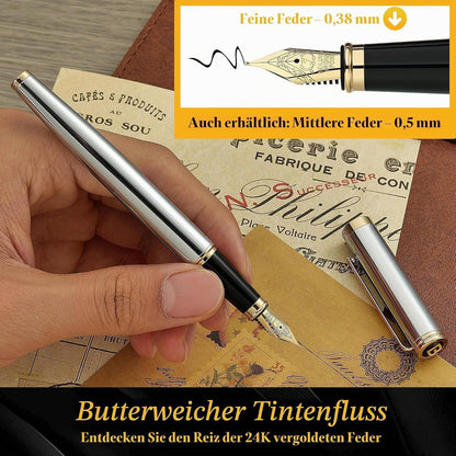 Silber-Chrom Füllfederhalter mit 24K Gold Feder (Fein)