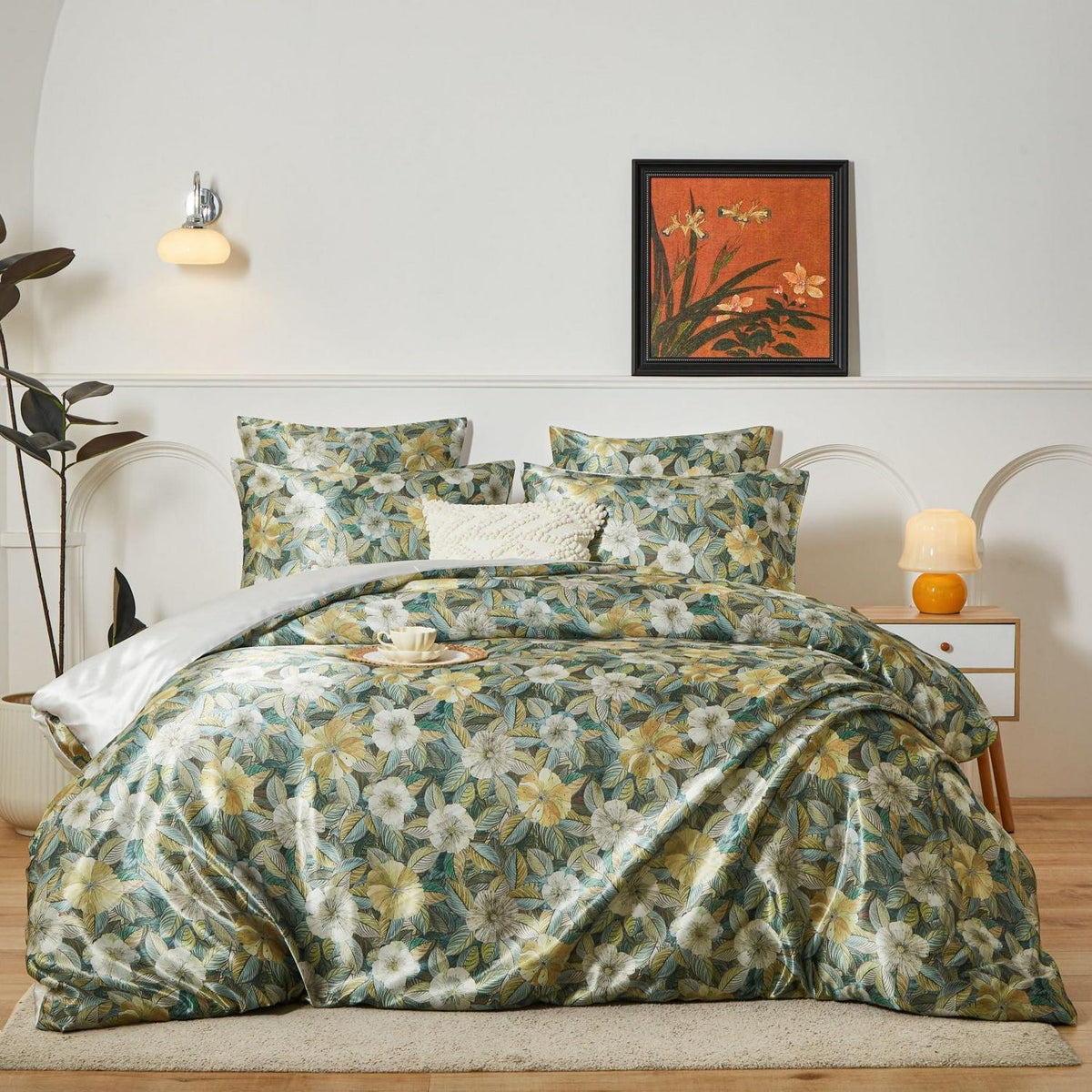 Satin Bettwäsche Set 135x200 Blumen Blätter Deluxe