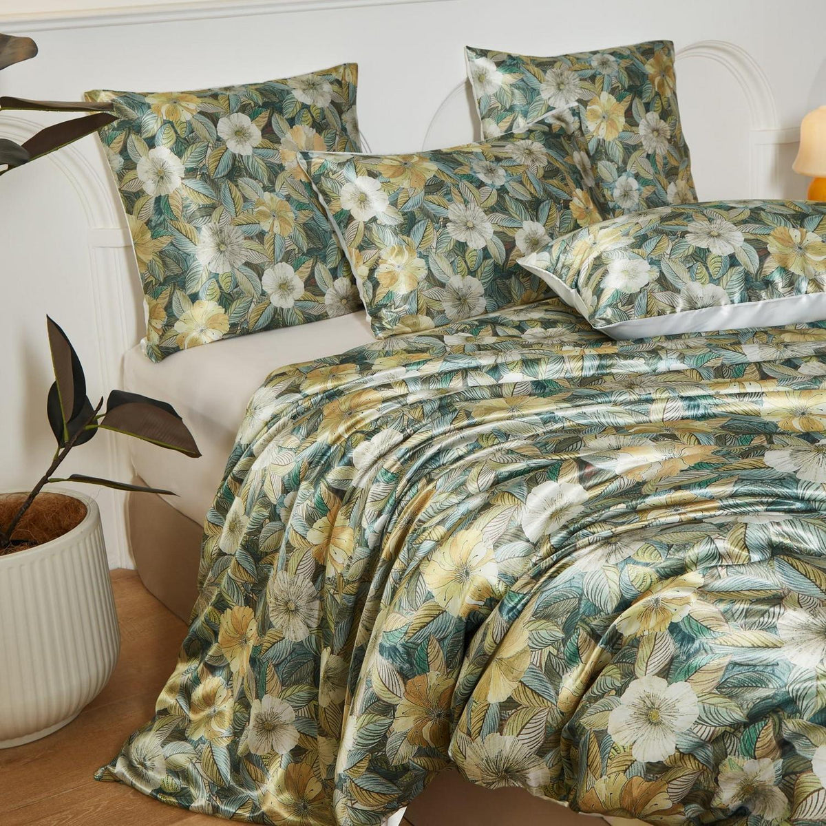 Satin Bettwäsche Set 135x200 Blumen Blätter Deluxe