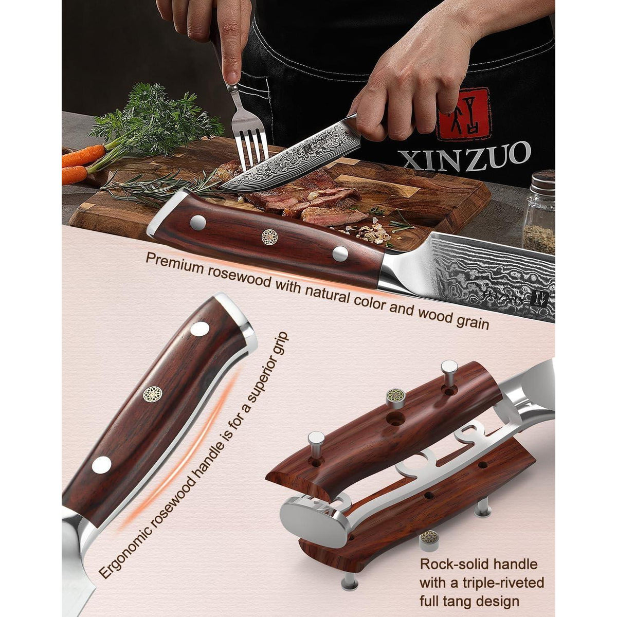 4-teiliges Steakmesser Set aus Damaststahl mit Rosenholzgriff