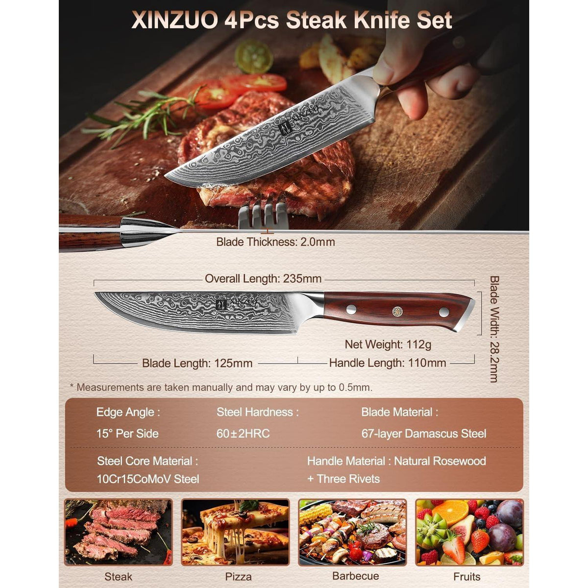 4-teiliges Steakmesser Set aus Damaststahl mit Rosenholzgriff
