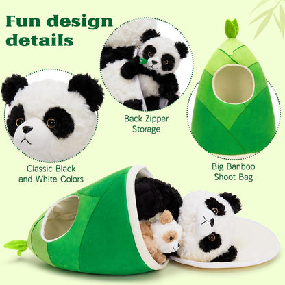 Panda Kuscheltier Set mit Bambus Tasche – 4er Pack XXL