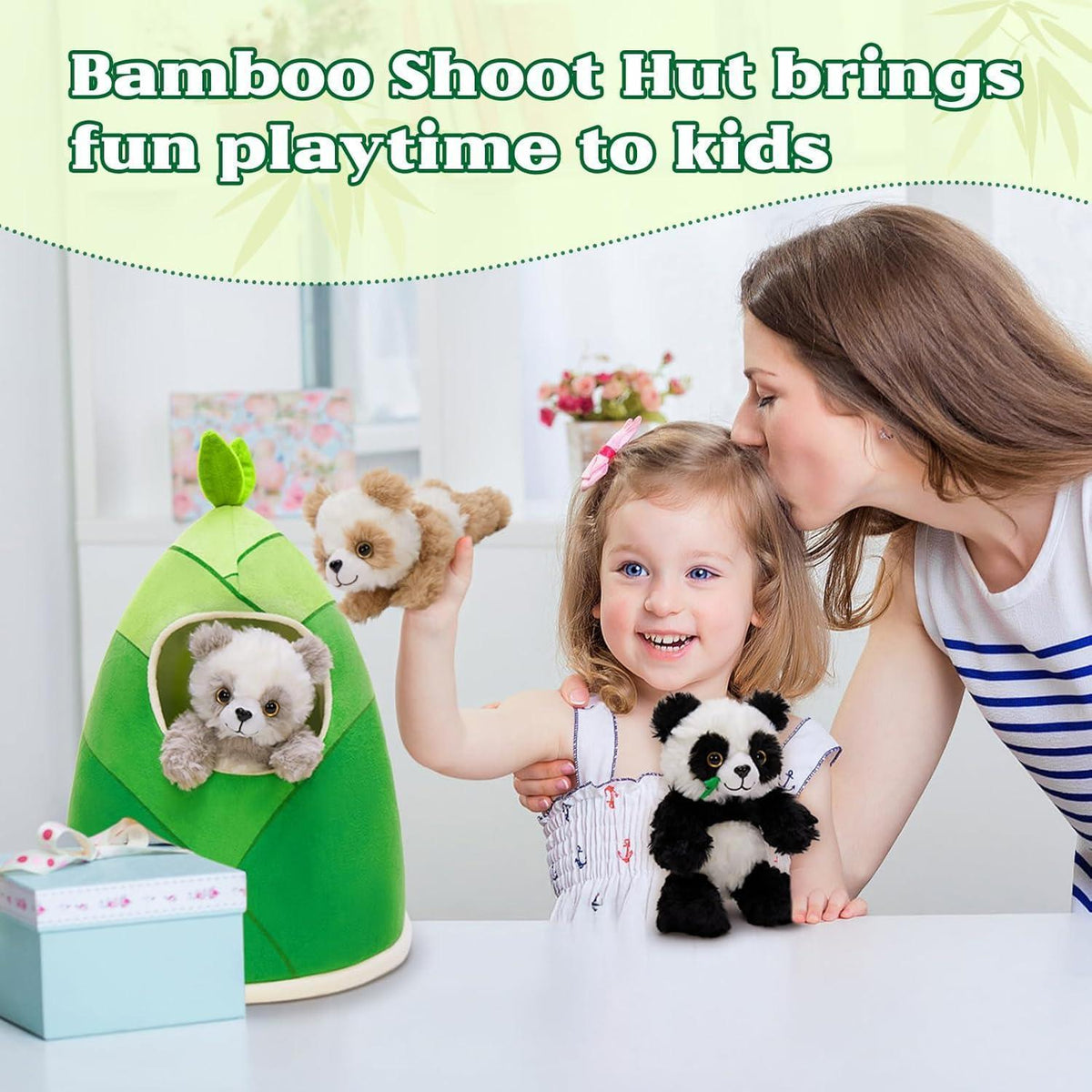 Panda Kuscheltier Set mit Bambus Tasche – 4er Pack XXL