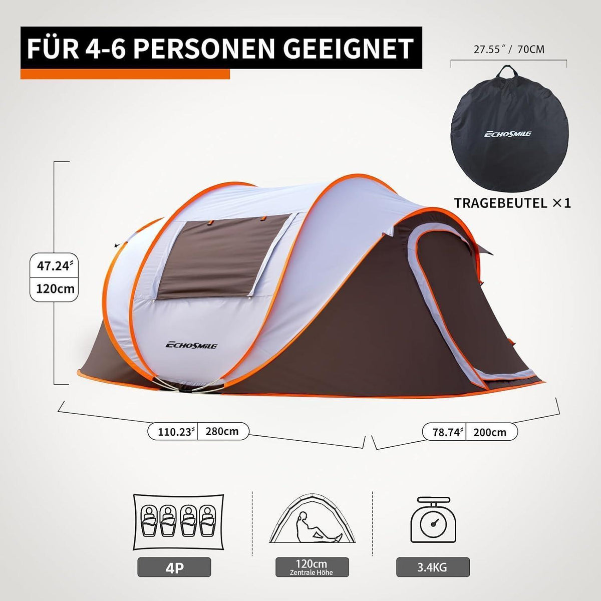 Wurfzelt 4-6 Personen wasserdicht mit 2 Fenstern und schneller Aufbau
