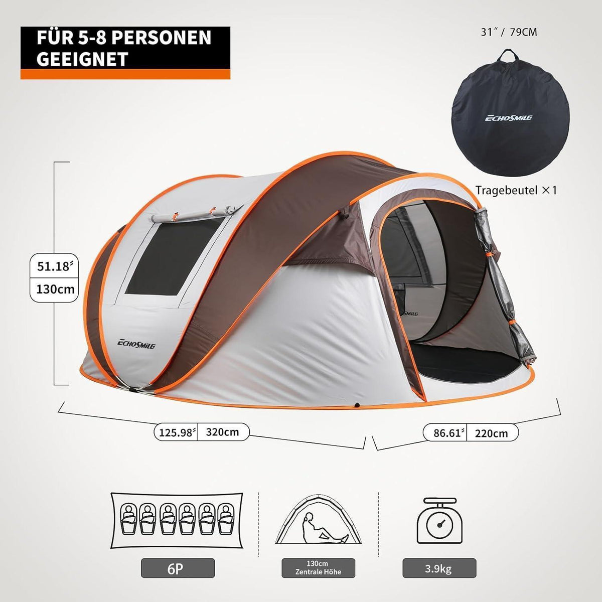 Wurfzelt für 5-8 Personen, wasserdicht, schnell aufgestellt