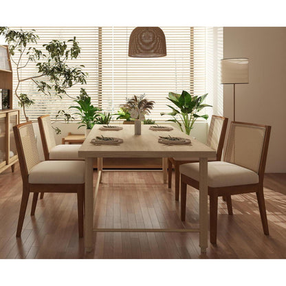Esszimmerstühle Set 4 – Vintage Leinen & Rattan Braun