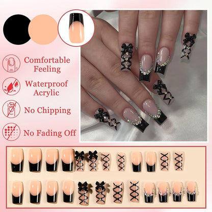 24 Schwarz French Press on Nails Lang mit Schleifen & Strass