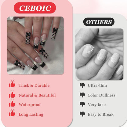 24 Schwarz French Press on Nails Lang mit Schleifen & Strass