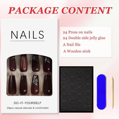 24 Press On Nails Mittelrot Quadratisch Glänzend Falsche Nägel