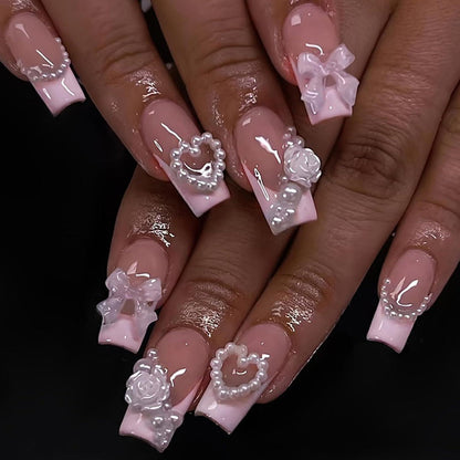 24 Rosa French Press on Nails mit 3D Perlen & Blumen