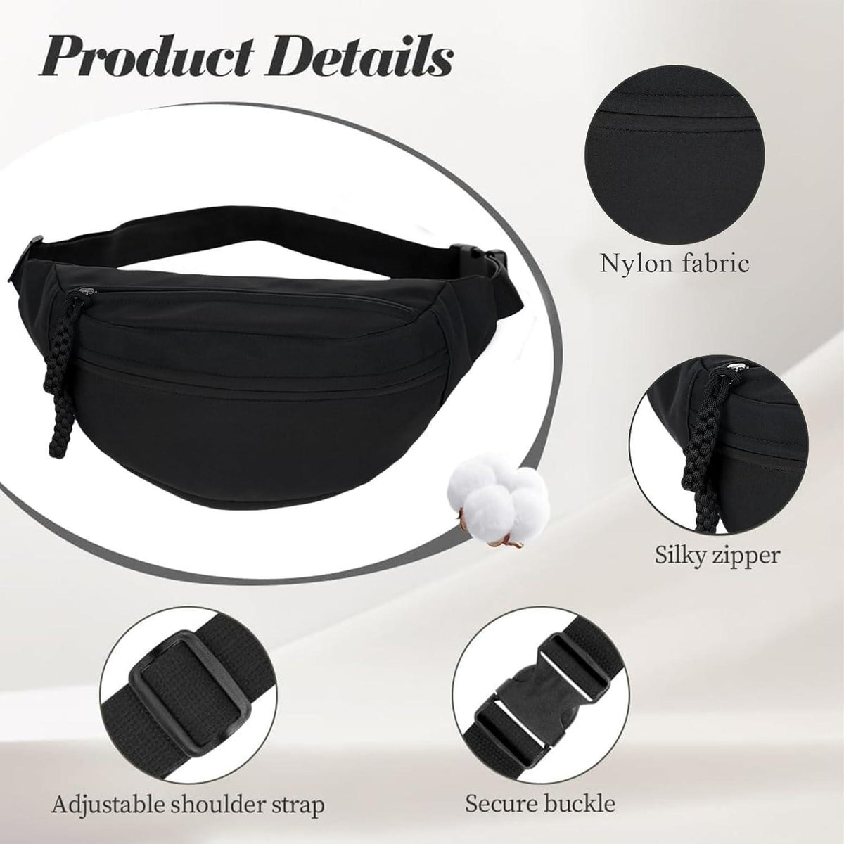 Nylon Umhängetasche Damen, Bauchtasche Klein, Schwarz