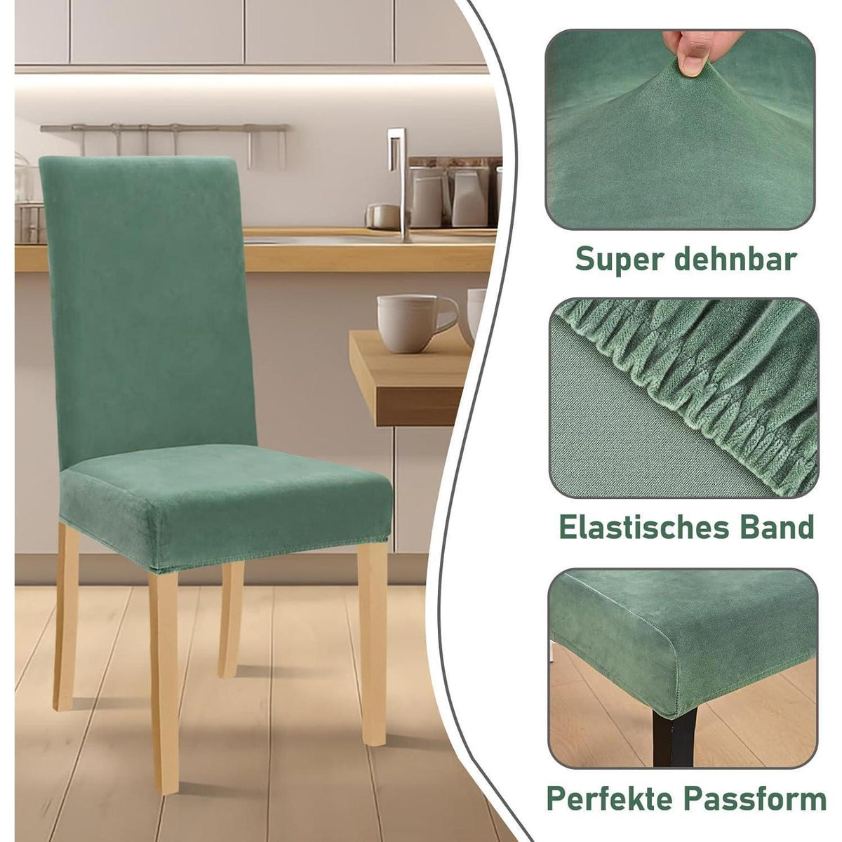 Stretch Samt Stuhlhussen Set - Bohnengrün (4 Stück)