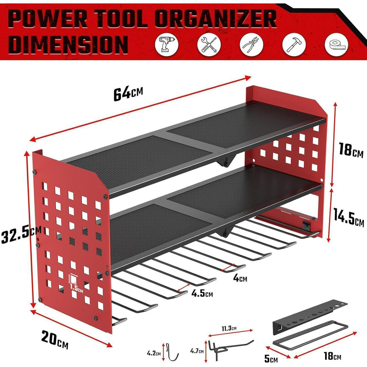 Werkzeug Wandhalterung 3 Ebenen mit Seitenorganizer Rot