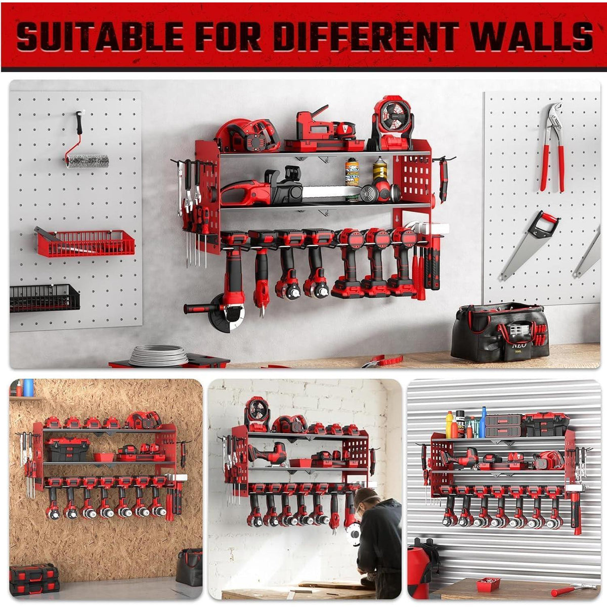 Werkzeug Wandhalterung 3 Ebenen mit Seitenorganizer Rot