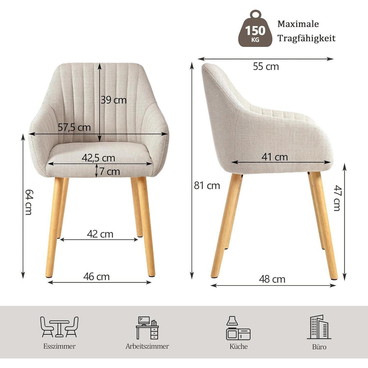 Esszimmerstühle Beige mit Armlehne – 2er Set Holzbeine