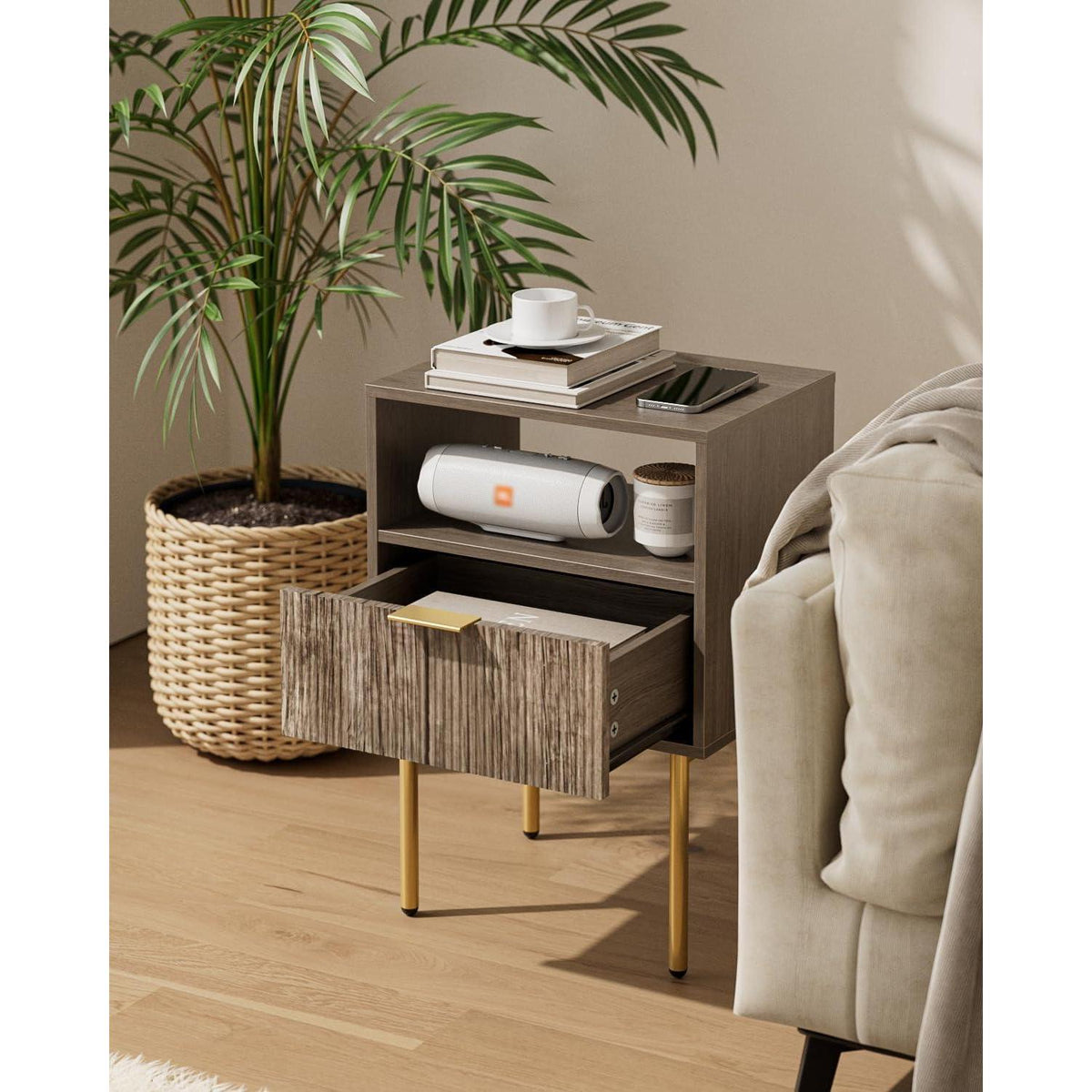 Nachttisch Grau mit Schublade und Ablage, Modern & Boho
