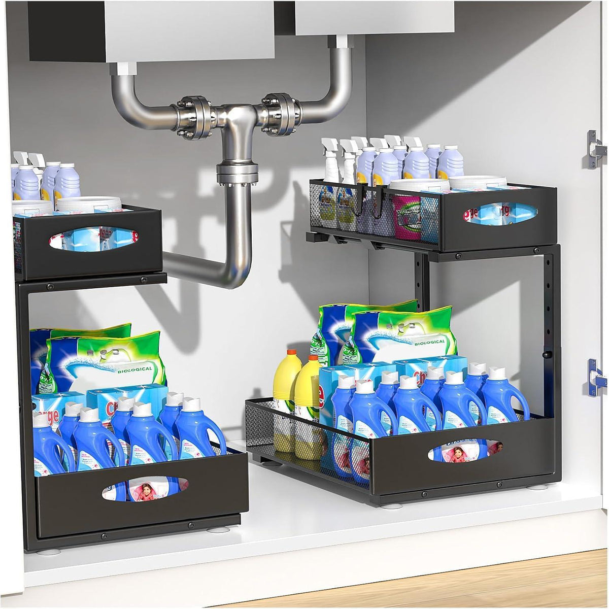 Ausziehbarer Spülschrank Organizer, 2 Etagen, Schwarz, 31cm Breit