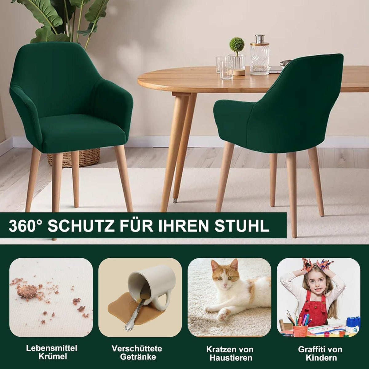 Stretch Stuhlhussen Set 4er – Grün, Abnehmbar & Waschbar
